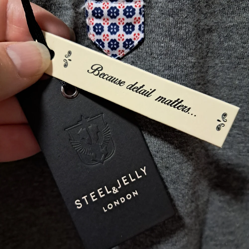 Steel & Jelly London Mens Gray Polo Shirt Geometric Contrast Trim Size L NWT
